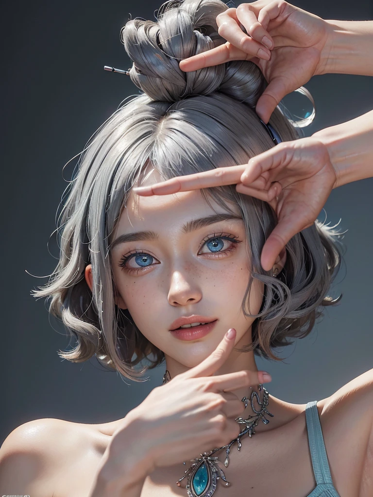 ((masterpiece)), ((best quality)), (ultra-detailed), ((extremely detailed)), 4K, (8K), best quality, a beautiful woman, (( gray hair)), ((curly bob cut)), light blue eyes, detailed skin, freckled skin, 20 years old, smile, finger frame, perfect hand,