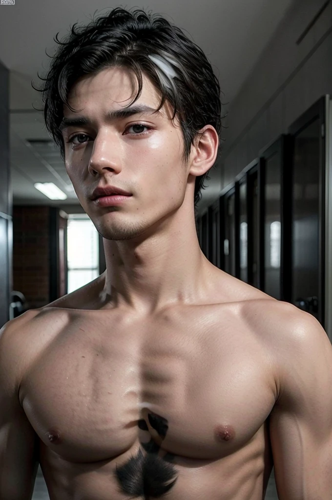 shirtless man, tall and fit, with short black hair, while sexy modeling, in different places, in different positions.