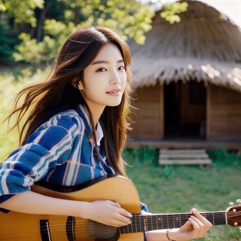 Araffi woman sitting in front of a hut with a guitar, Jae Yeon Nam, Tzuyu from two times, Korean girl, Chinese girl, Jinyoung Shin, Roseanne Park of blackpink, Korean idol, girl playing guitar, gongbi, portrait of female Korean idol, beautiful south korean women, singer-songwriter, Korean artist, Xindong Chen, Wen Feiye