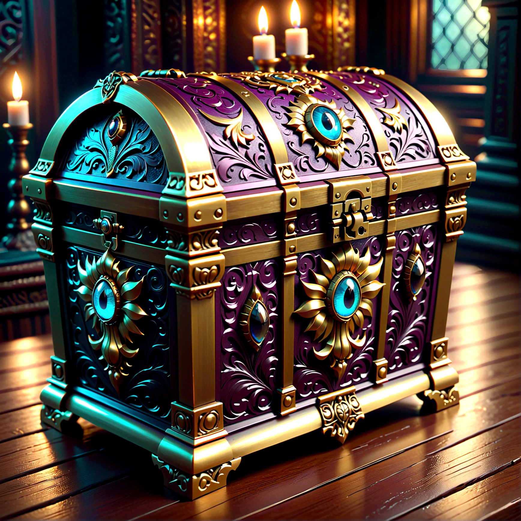 A large, ornate treasure chest with glowing eyes and sharp teeth, detailed metal textures, intricate carved designs, fantasy style, dramatic lighting, dark moody colors, cinematic composition, (best quality,4k,8k,highres,masterpiece:1.2),ultra-detailed,(realistic,photorealistic,photo-realistic:1.37),dramatic lighting,dark moody colors,fantasy,cinematic composition