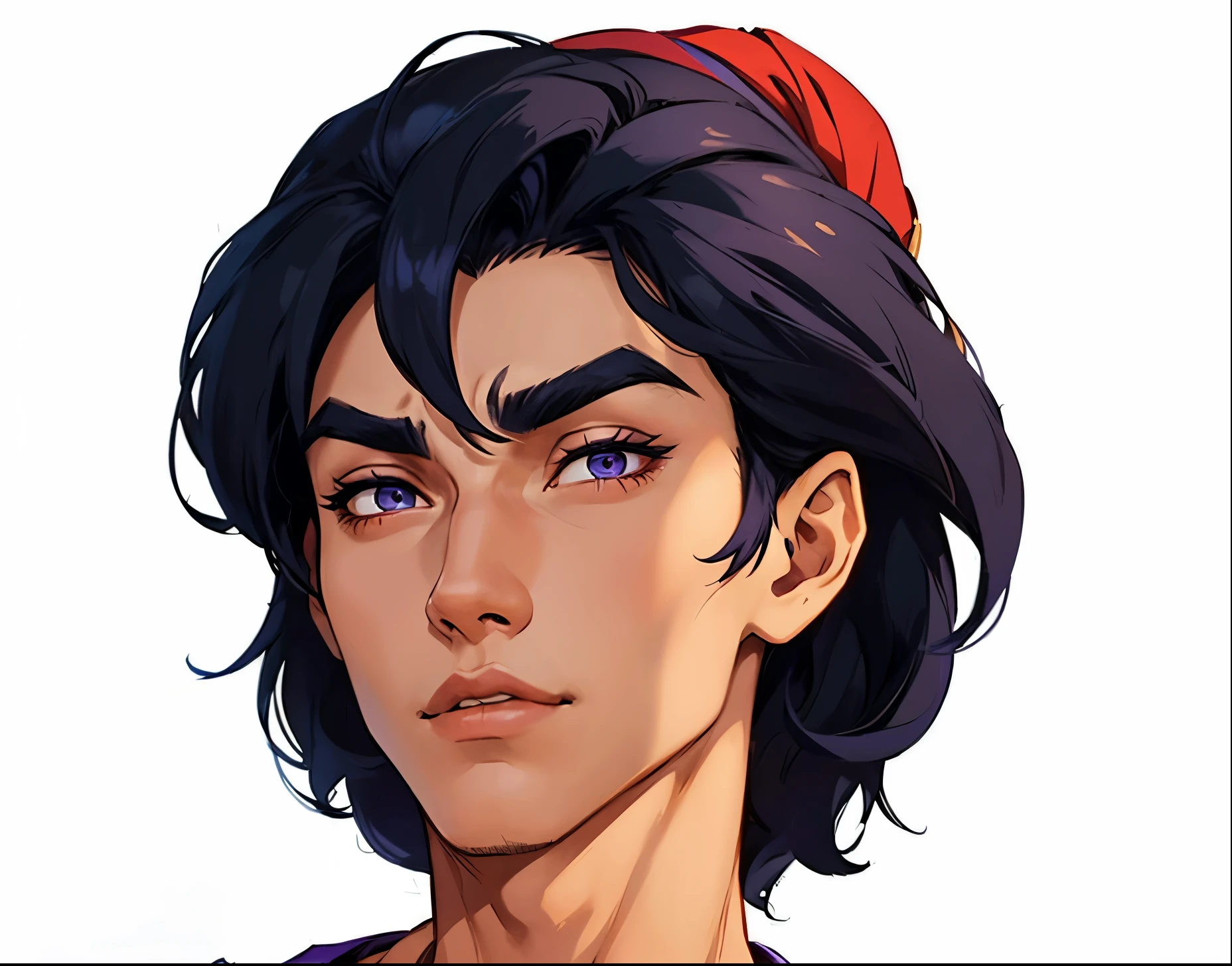 Aladdin, extremely lifelike, Very beauthful, Fitness, Aladdin is a young man with an athletic appearance, with black hair and large, expressive eyes. He wears a sleeveless purple coat, baggy white pants and a red belt. Aladdin is brave, smart and good hearted.