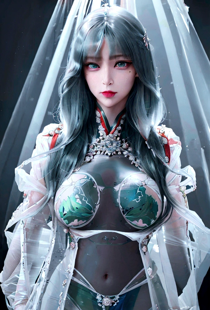 (hyper-realistic), (illustration), (high resolution), (8K), (Very detailed), (Best illustration), (Beautiful and delicate eyes), (best quality), (Super detailed), (masterpiece), (wallpaper), (lifelike), (Natural light), (edge lit), (Detailed face), (Highly detailed lifelike skin texture), (anatomically correct), (alone), (1 girl), (Highly detailed lifelike hair), (blue hair:1.2), spiky hair, (heterochromatic eyes), (Detailed green eyes), (There is a small mole under the eye), (realistic:1.5), ( of :1.3), (long legs), (Slim abs), (dynamic poses), (Keep your mouth shut:1.3), (Traditional Hanfu), (transparent clothes:1.5), national foundation,Show breasts，Show breasts，exposing her chest，huge ，huge breasts，exposing her chest，huge ，