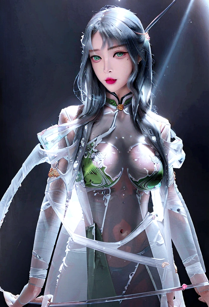 (hyper-realistic), (illustration), (high resolution), (8K), (Very detailed), (Best illustration), (Beautiful and delicate eyes), (best quality), (Super detailed), (masterpiece), (wallpaper), (lifelike), (Natural light), (edge lit), (Detailed face), (Highly detailed lifelike skin texture), (anatomically correct), (alone), (1 girl), (Highly detailed lifelike hair), (blue hair:1.2), spiky hair, (heterochromatic eyes), (Detailed green eyes), (There is a small mole under the eye), (realistic:1.5), ( of :1.3), (long legs), (Slim abs), (dynamic poses), (Keep your mouth shut:1.3), (Traditional Hanfu), (transparent clothes:1.5), national foundation,Show breasts，Show breasts，exposing her chest，huge ，huge breasts，exposing her chest，huge ，