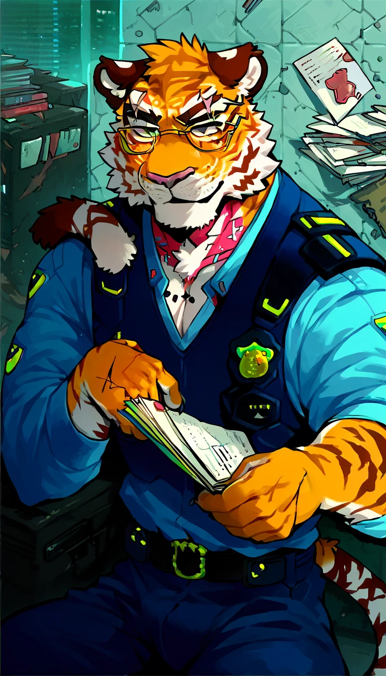 score_9, score_8_up, score_7_up, (cyberpunk city, police office, work cabinet, wall on background:1.5),
((Tiger:1.2), anthro, solo, male, portrait, sitting in an armchair, (reading papers:1.2), ((wearing police uniform, police captain)), ((tiger fur:1.5)), (scars, glasses:1.5), beautiful, (wears cyberpunk additions:1.25)