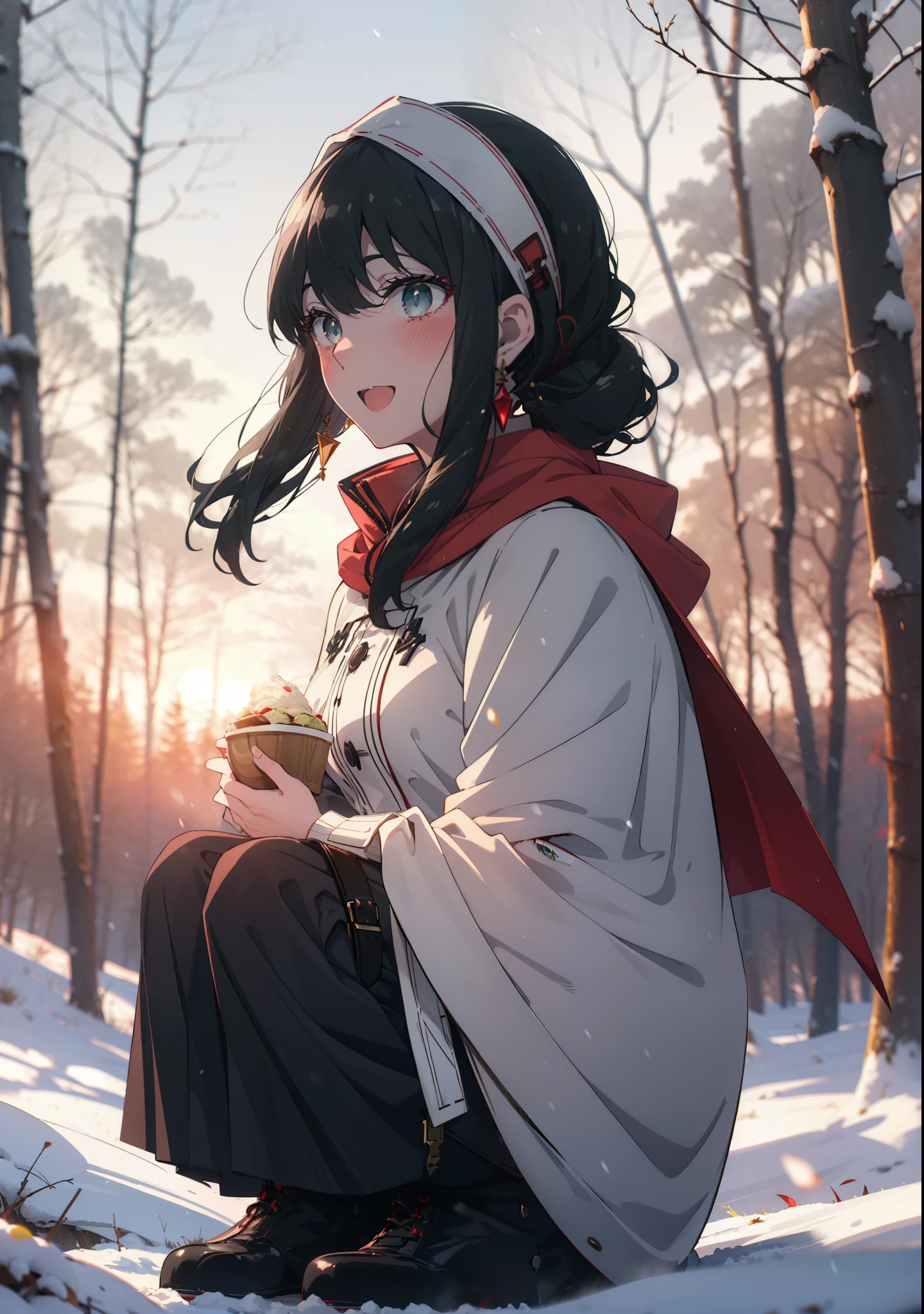 Your thorns, One Girl, blush, Black Hair,Red eyes, hair band, jewelry, Earrings, happy smile, smile, Open your mouth,
Open your mouth,snow,Ground bonfire, Outdoor, boots, snowing, From the side, wood, suitcase, Cape, Blurred, Eat food, forest, White handbag, nature, Squat, Mouth closed, フードed Cape, winter, Written boundary depth, Black shoes, red Cape break looking at viewer, Upper Body, whole body, break Outdoor, forest, nature, break (masterpiece:1.2), Highest quality, High resolution, unity 8k wallpaper, (shape:0.8), (Beautiful and beautiful eyes:1.6), Highly detailed face, Perfect lighting, Highly detailed CG, (Perfect hands, Perfect Anatomy),