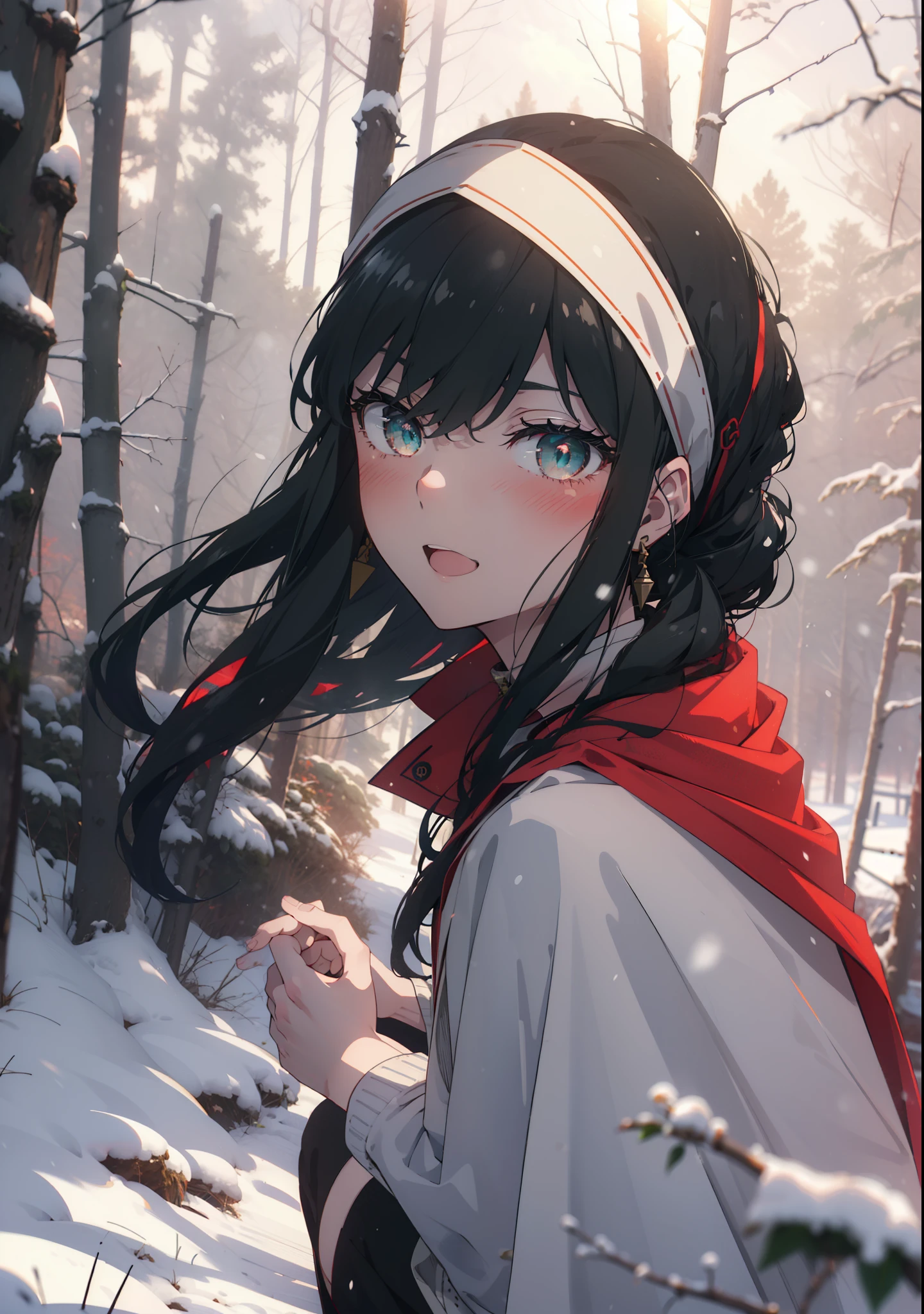 Your thorns, One Girl, blush, Black Hair,Red eyes, hair band, jewelry, Earrings, happy smile, smile, Open your mouth,
Open your mouth,snow,Ground bonfire, Outdoor, boots, snowing, From the side, wood, suitcase, Cape, Blurred, Eat food, forest, White handbag, nature, Squat, Mouth closed, フードed Cape, winter, Written boundary depth, Black shoes, red Cape break looking at viewer, Upper Body, whole body, break Outdoor, forest, nature, break (masterpiece:1.2), Highest quality, High resolution, unity 8k wallpaper, (shape:0.8), (Beautiful and beautiful eyes:1.6), Highly detailed face, Perfect lighting, Highly detailed CG, (Perfect hands, Perfect Anatomy),