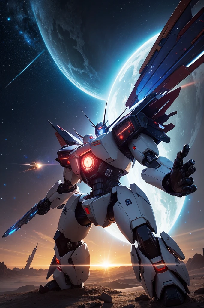 A mecha fighting with a galactic being