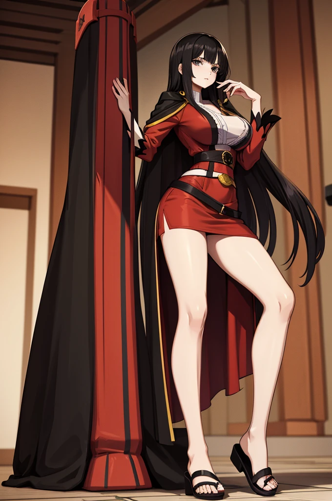 Tall long haired woman with black cape and red shorts and sandals clothes 