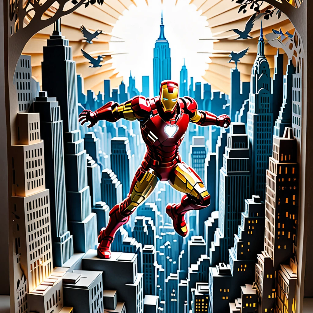 ((Paper cutting art)), detailed paper cutout artwork depicting New York City with Iron Man soaring through the skyline. The scene should include iconic landmarks such as the Empire State Building, the Statue of Liberty, and the Brooklyn Bridge. Iron Man should be shown in his signature flying pose, with his repulsors glowing and city lights reflecting off his armor. The background should capture the bustling energy of New York, with tall skyscrapers, busy streets, and the vibrant atmosphere of the city. The overall mood should be dynamic and heroic, highlighting the blend of urban life and superhero action.