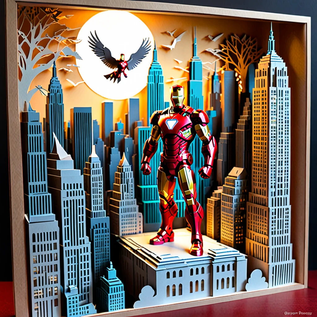 ((Paper cutting art)), detailed paper cutout artwork depicting New York City with Iron Man soaring through the skyline. The scene should include iconic landmarks such as the Empire State Building, the Statue of Liberty, and the Brooklyn Bridge. Iron Man should be shown in his signature flying pose, with his repulsors glowing and city lights reflecting off his armor. The background should capture the bustling energy of New York, with tall skyscrapers, busy streets, and the vibrant atmosphere of the city. The overall mood should be dynamic and heroic, highlighting the blend of urban life and superhero action.