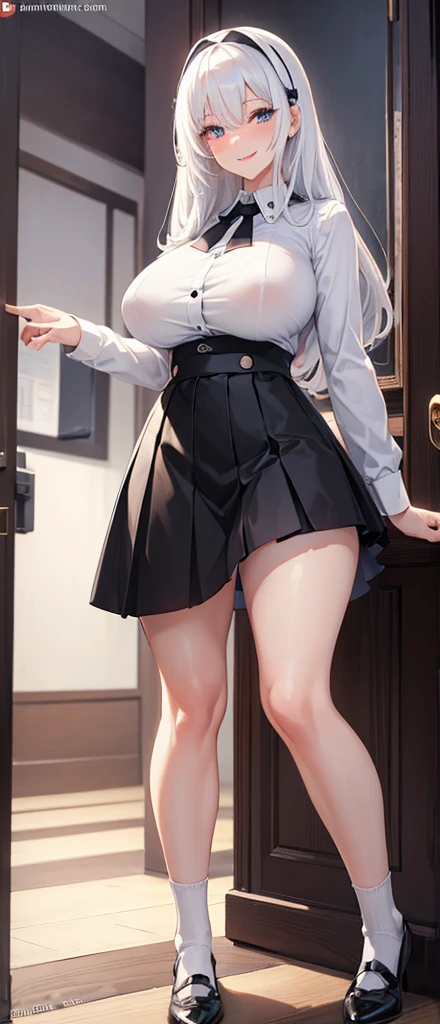 ( Beatiful sexy white socks ) , black skirt , white panties , bra , big breasts , NSFW , tall legs , smile , ( milf ) , HD , detailed eyes , white hair , standing , extra horny, horny smile , perfrct body , camera angle from down , upskirt , extra close to viewer