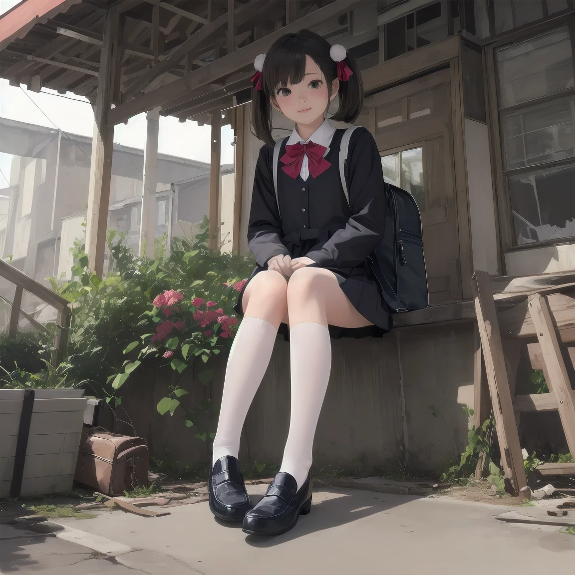 One girl,Highest quality,Super detailed,High resolution,(photoRealistic, Realistic, photo-Realistic:1.2),(9,Flat Chest),bangs,(smile:0.3),,shigure ui (virtual),Dilapidated,,Backpack,bag,bangs,Long black dress,Black footwear,blush,Pompom hair ornament,Collared shirt,Green Eyes,Knee-high,Light brown hair,loafers,Long sleeve,Below the knee apron dress,Pleated dress,school bag,Red Bow,,Sleeveless dress,Twin tails,White legwear,White shirt,anime