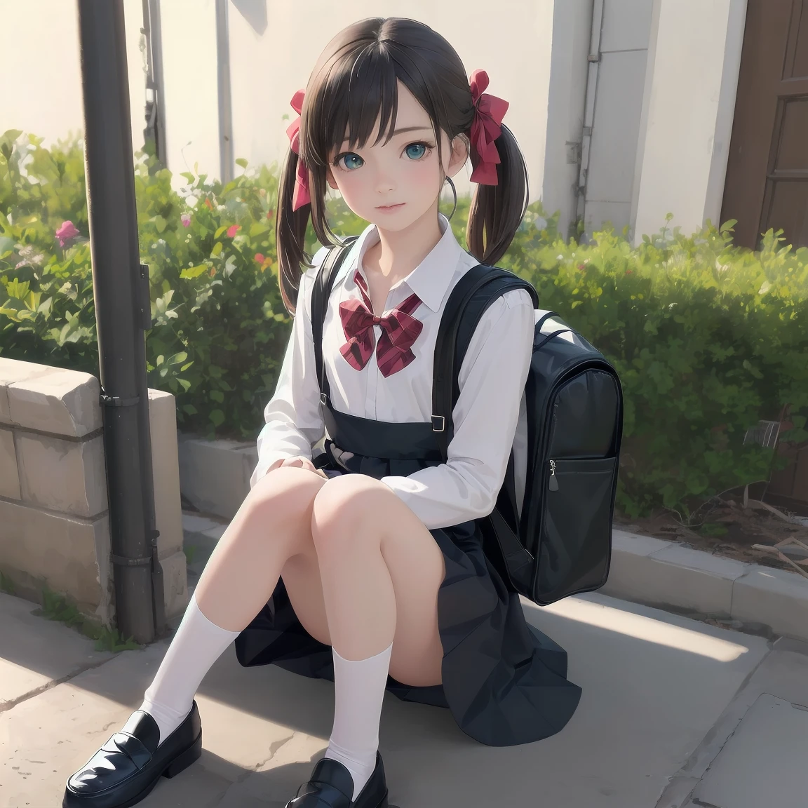 One girl,Highest quality,Super detailed,High resolution,(photoRealistic, Realistic, photo-Realistic:1.2),(9,Flat Chest),bangs,(smile:0.3),,shigure ui (virtual),Dilapidated,,Backpack,bag,bangs,Long black dress,Black footwear,blush,Pompom hair ornament,Collared shirt,Green Eyes,Knee-high,Light brown hair,loafers,Long sleeve,Below the knee apron dress,Pleated dress,school bag,Red Bow,,Sleeveless dress,Twin tails,White legwear,White shirt,anime