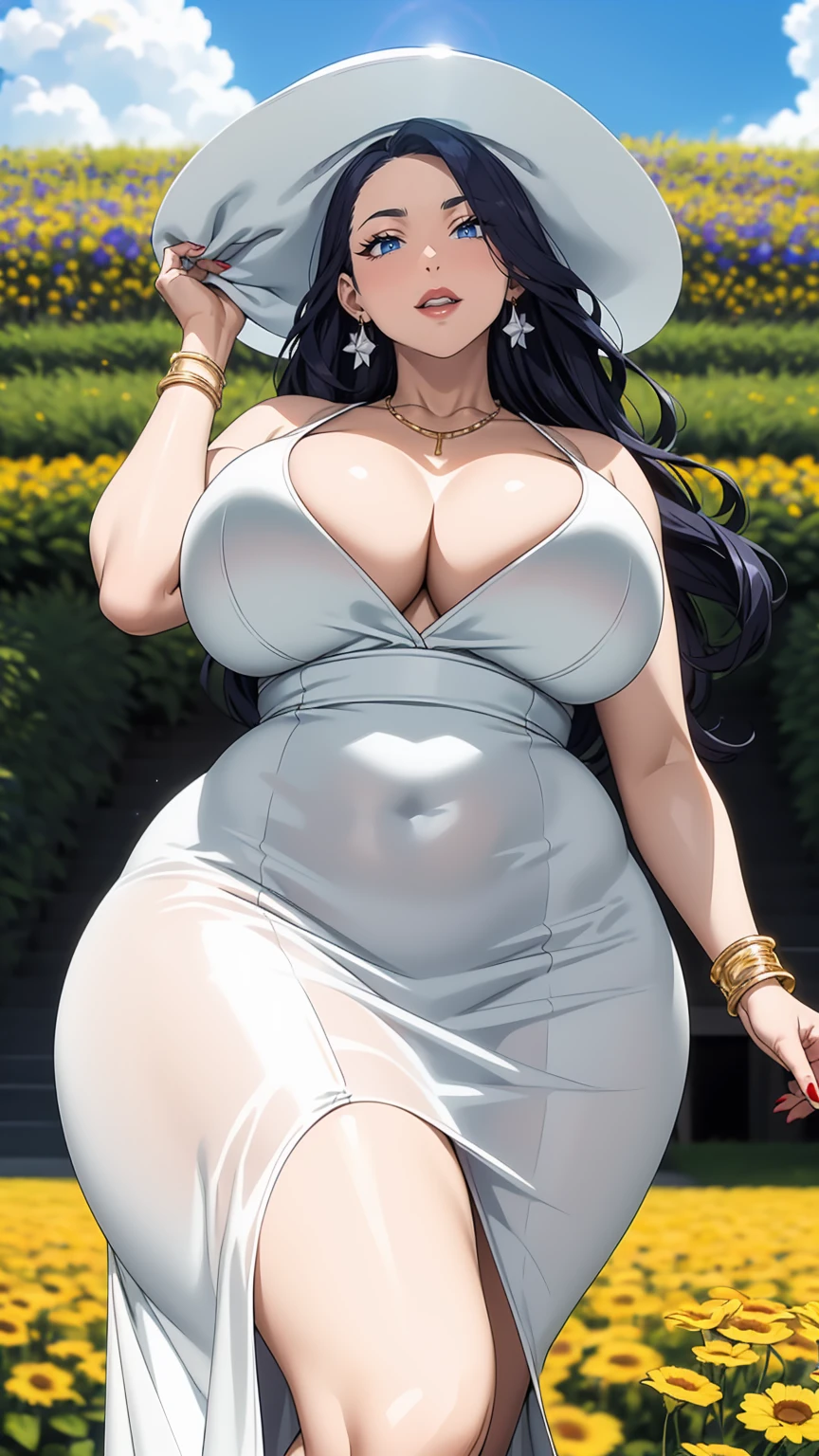 (masterpiece:1.2, best quality), pale skin, (1girl, solo), mature female, mom, , 40 year old woman, ((bimbo))), (very long black hair), straight hair, blue eyes, ((red lips)), smile, parted lips, hourglass figure, (((thick thighs))), (huge natural ), sagging , deep , (slim waist), tall, long legs, oily , white dress, ((large white hat)), (big earrings), bracelets, necklace, outdoors, flower field,  pose, hip and thigh focus, oily , soft lighting,head tilt, hand in own hair, walking, (from below)