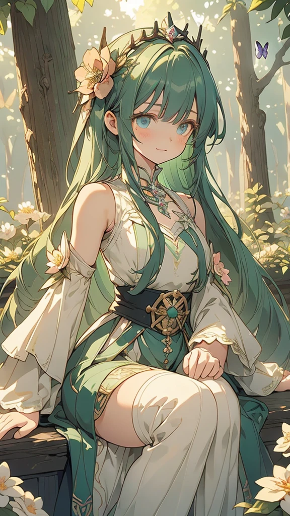 Name: Verdania Starshard
Element: VERDANTHIA
Description: The Eternal Gardener of the Celestial Forest. Possessing the ancient knowledge of plant growth and climate manipulation, an enigmatic guardian, ever-watching over her gentle dominion.
Prompt: ((((Artisans' Guild Masterpiece, Premium Quality, ultra-high resolution)))), 1girl, calm, sitting, (((doll knees, doll elbows, ((doll joints:1.1, action figure limbs:1.1, segmented body))), [botanical body], (segmented waist), (doll waist), (jade green hair), (detailed leafy headpiece), long hair cut, translucent, (((ultra detailed eyes:0.8, beautiful and detailed face, detailed eyes: 0.9))), ((centered)), (half body shot), facing slightly left, (((forest backdrop, gentle sunlight filtering through, blooming flowers, butterflies)))), medium bust, holding a tiny flower bouquet, gentle smile, ((perfect hands)), (((head:1, shoulders and waist in view, blooming flowers at sides)))