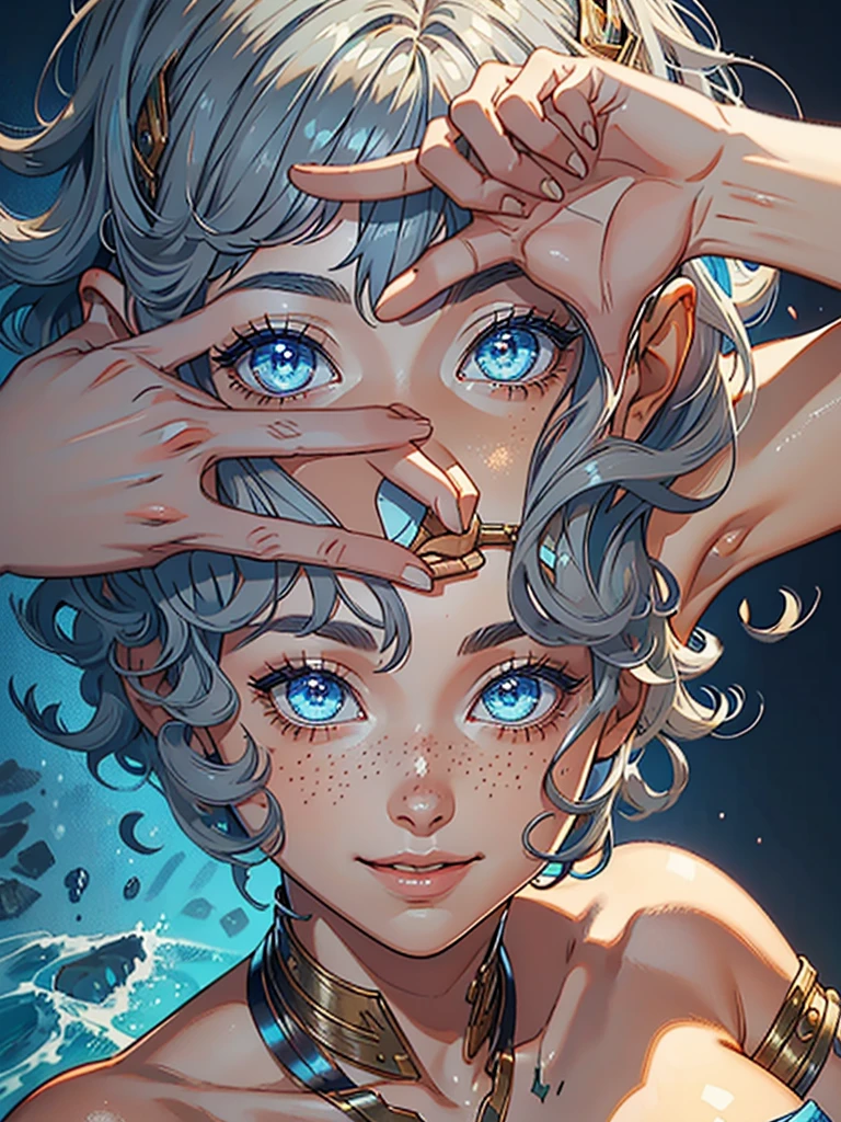 ((masterpiece)), ((best quality)), (ultra-detailed), ((extremely detailed)), 4K, (8K), best quality, a beautiful woman, (( gray hair)),  ((curly bob cut)), light blue eyes, detailed skin, freckled skin, 　20 years old, smile, finger frame, perfect hand, 
