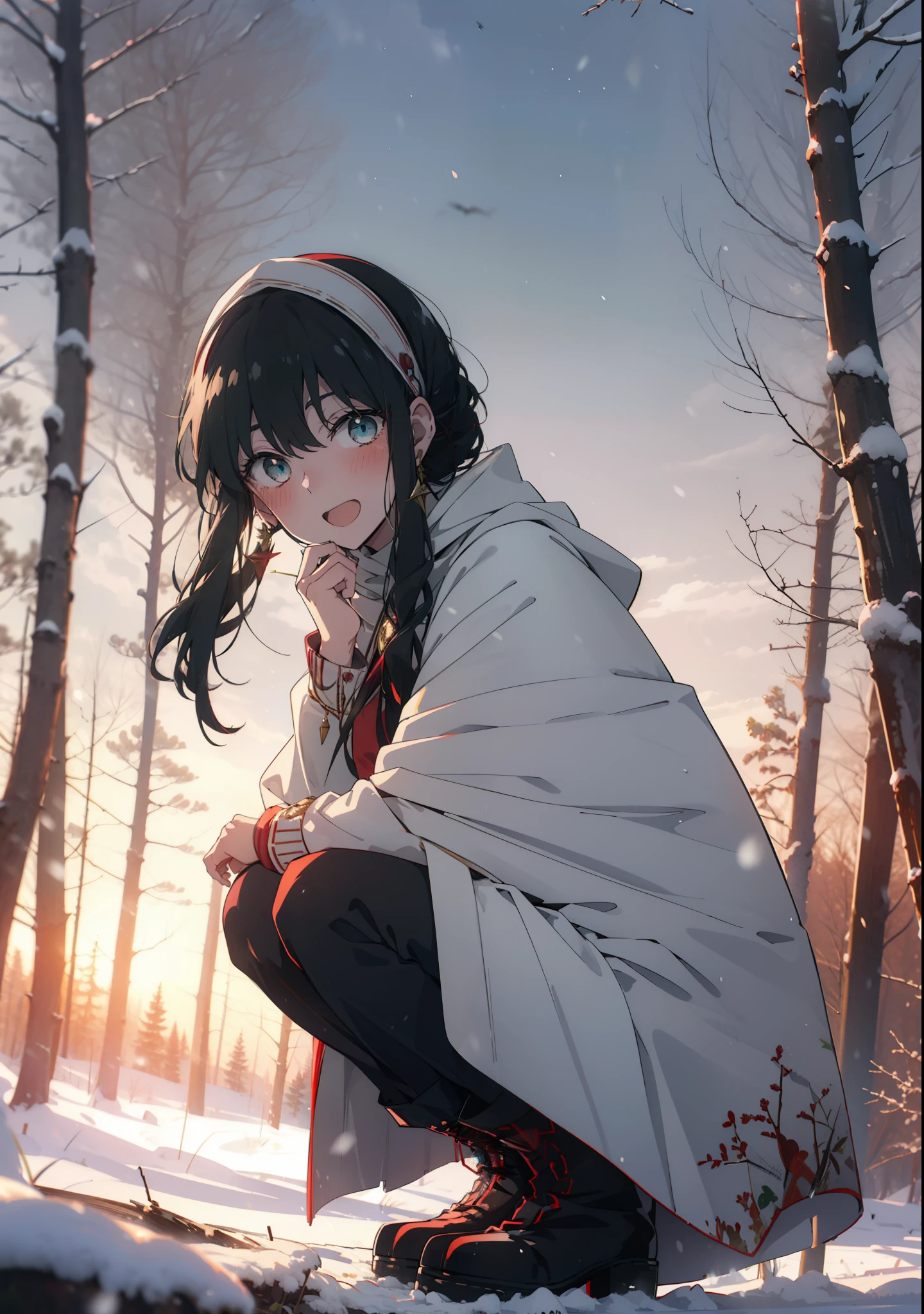 Your thorns, One Girl, blush, Black Hair,Red eyes, hair band, jewelry, Earrings, happy smile, smile, Open your mouth,
Open your mouth,snow,Ground bonfire, Outdoor, boots, snowing, From the side, wood, suitcase, Cape, Blurred, Eat food, forest, White handbag, nature, Squat, Mouth closed, フードed Cape, winter, Written boundary depth, Black shoes, red Cape break looking at viewer, Upper Body, whole body, break Outdoor, forest, nature, break (masterpiece:1.2), Highest quality, High resolution, unity 8k wallpaper, (shape:0.8), (Beautiful and beautiful eyes:1.6), Highly detailed face, Perfect lighting, Highly detailed CG, (Perfect hands, Perfect Anatomy),