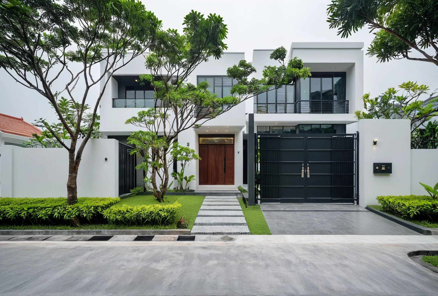 RAW photo, a photo of a modern villa, sidewalk, sidewalk trees, steel gate, road, viet nam modern residence, a car parked in front of it, rough white wall, new residential area, wide angle exterior 2022, contemporary house, exterior photography, masterpiece, contemporary architecture, overcast, indirect lighting