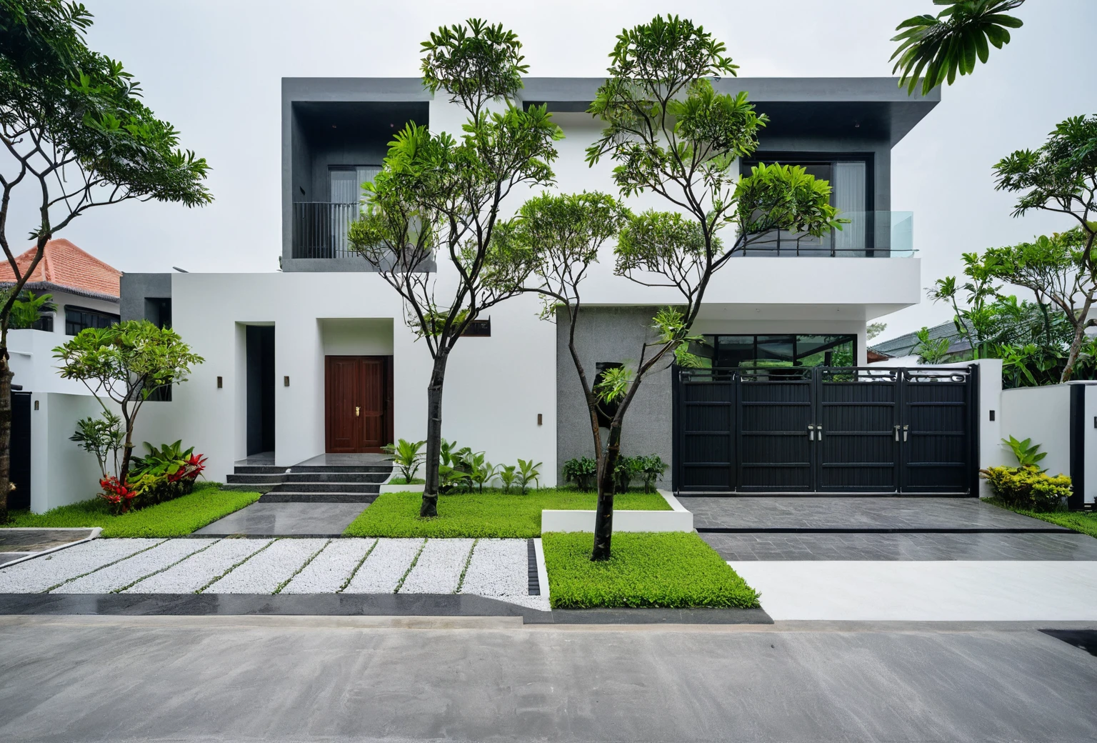 RAW photo, a photo of a modern villa, sidewalk, sidewalk trees, steel gate, road, viet nam modern residence, a car parked in front of it, rough white wall, new residential area, wide angle exterior 2022, contemporary house, exterior photography, masterpiece, contemporary architecture, overcast, indirect lighting