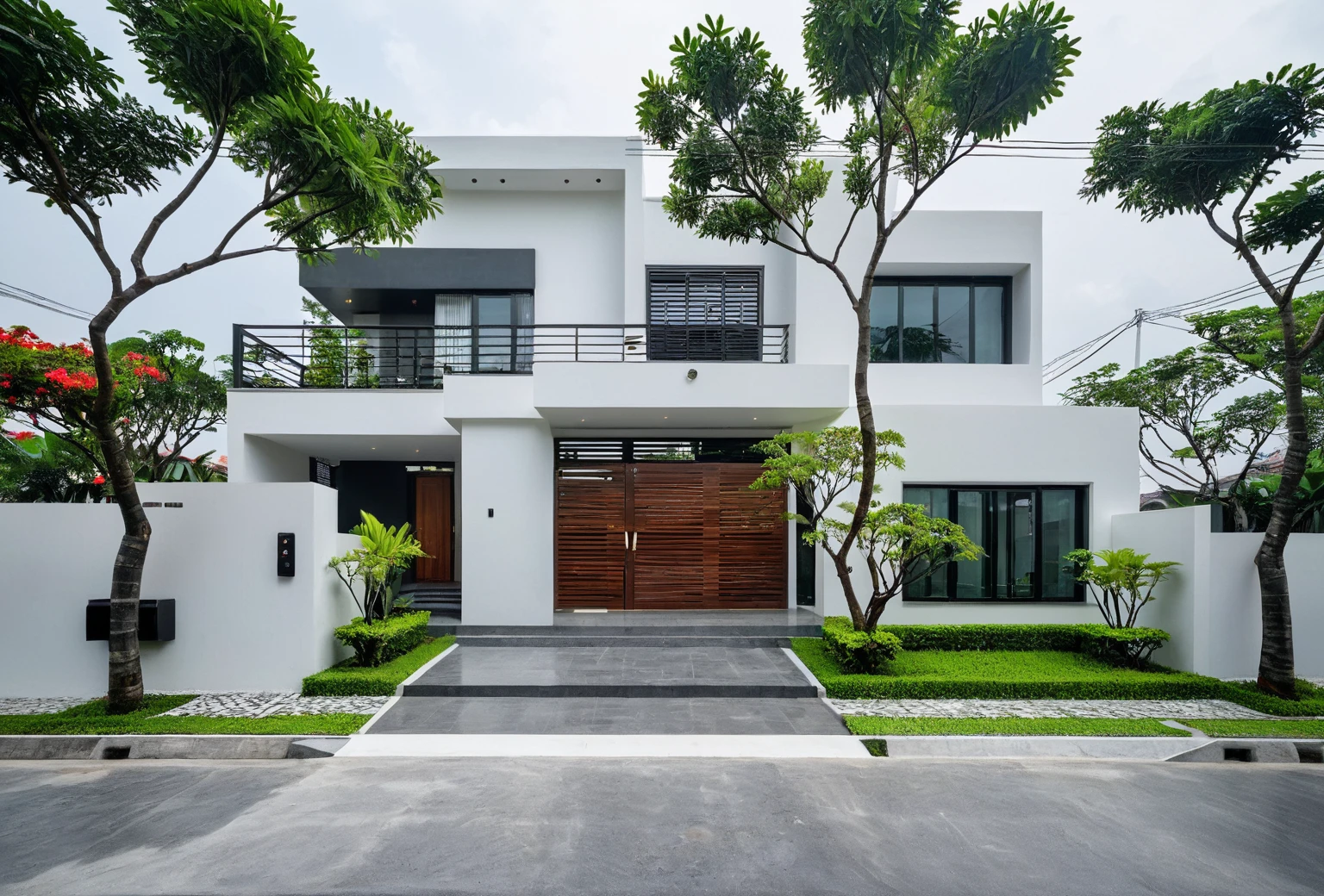 RAW photo, a photo of a modern villa, sidewalk, sidewalk trees, steel gate, road, viet nam modern residence, a car parked in front of it, rough white wall, new residential area, wide angle exterior 2022, contemporary house, exterior photography, masterpiece, contemporary architecture, overcast, indirect lighting