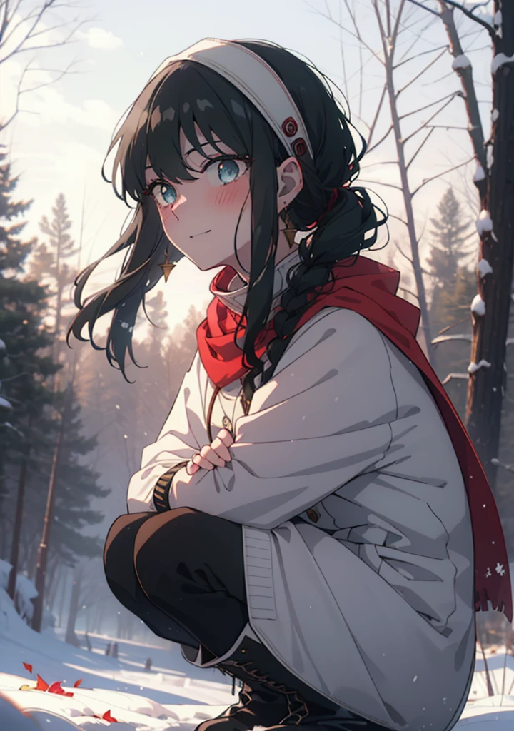 Your thorns, One Girl, blush, Black Hair,Red eyes, hair band, jewelry, Earrings, happy smile, smile, Open your mouth,
Open your mouth,snow,Ground bonfire, Outdoor, boots, snowing, From the side, wood, suitcase, Cape, Blurred, Eat food, forest, White handbag, nature, Squat, Mouth closed, フードed Cape, winter, Written boundary depth, Black shoes, red Cape break looking at viewer, Upper Body, whole body, break Outdoor, forest, nature, break (masterpiece:1.2), Highest quality, High resolution, unity 8k wallpaper, (shape:0.8), (Beautiful and beautiful eyes:1.6), Highly detailed face, Perfect lighting, Highly detailed CG, (Perfect hands, Perfect Anatomy),