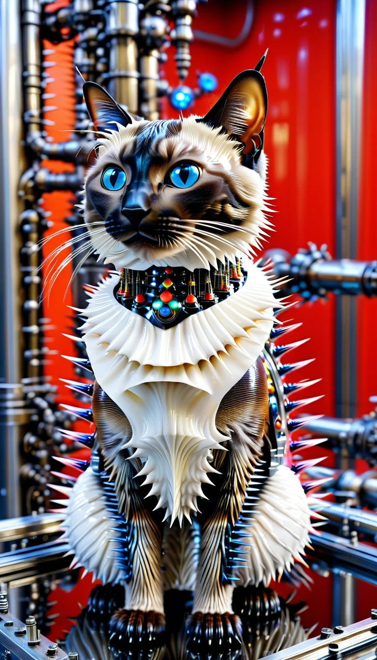There is no one, Reality Photos, Reality Photos, Realistic photos of Siamese cat-like creatures, spikes, multi-colored shiny fur, strange and, Surreal and, the other world, A robotic factory with a shiny assembly plant, intricate details, very sharp, Sophisticated details, Flawless composition, vivid colors, masterpiece, futuristic, metal decoration, The shiny red interior is empty., polished, ray tracing