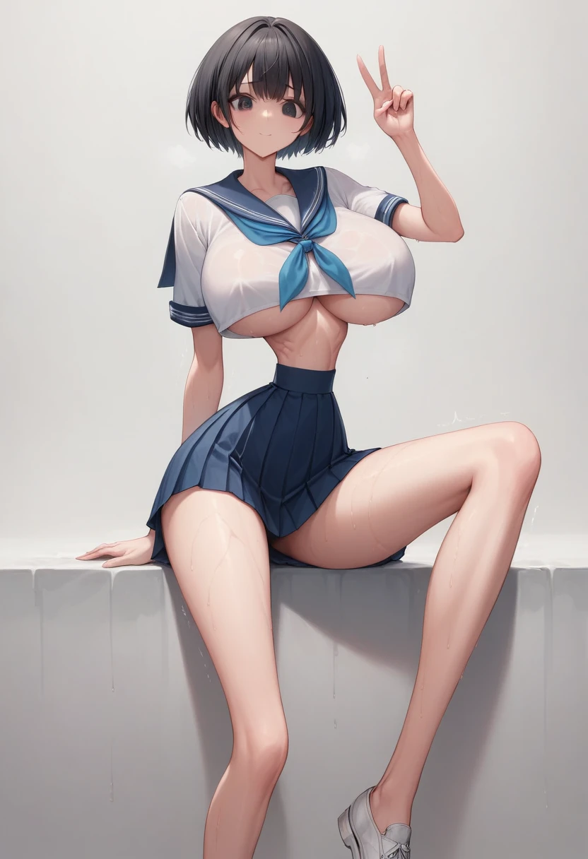 (masterpiece, best quality:1.2), Shader, front shot, 1girl, kawaii, (super big breasts, micro waist, very long legs:1.5), Black hair, short bob hair, short height, scrawny and thin body, Light Skin, cute big eyes, cute beautiful thin face, , serafuku, pigeon-toed, wet and sweaty, big visible ribs, Cowgirl position, V sign, Trembling