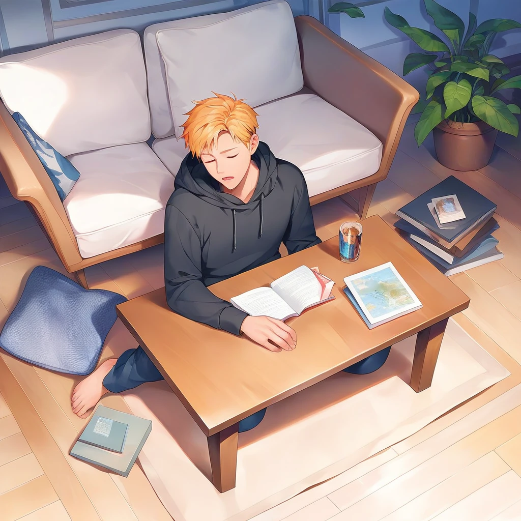 masterpiece , best quality , high angle , living room , table , full body , color , lineart , 1 boy , black hoodie shirt , barefoot , golden hair , short hair , 20 years old , Handsome man , sit on a chair , sleeping face , close eyes , open mouth , white backqround , simple backqround ,