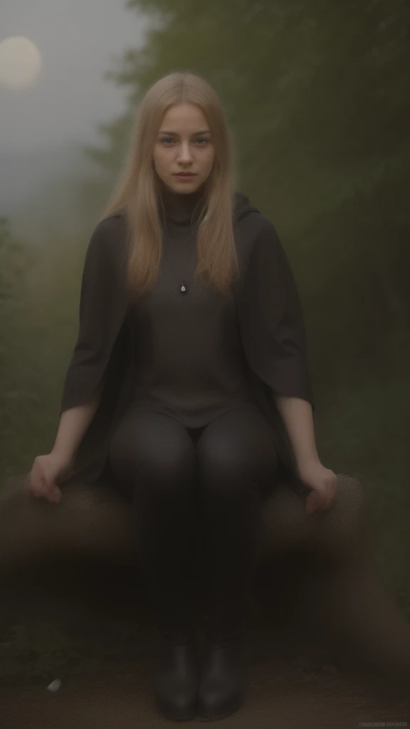 ((Best quality)), ((masterpiece)), (detailed), perfect face, Character for the game, slender elf girl, Golden hair, green eyes, Perfect hands, dark leather top, dark leather pants, gray cloak, leather boots on feet, sitting on a tree branch growing from a tree, short dagger in hand, On the background of a dense forest, night time, full moon
