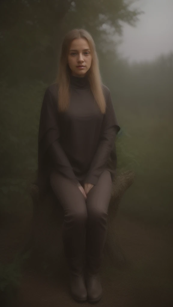 ((Best quality)), ((masterpiece)), (detailed), perfect face, Character for the game, slender elf girl, Golden hair, green eyes, Perfect hands, dark leather top, dark leather pants, gray cloak, leather boots on feet, sitting on a tree branch growing from a tree, short dagger in hand, On the background of a dense forest, night time, full moon
