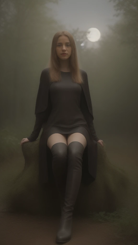 ((Best quality)), ((masterpiece)), (detailed), perfect face, Character for the game, slender elf girl, Golden hair, green eyes, Perfect hands, dark leather top, dark leather pants, gray cloak, leather boots on feet, sitting on a tree branch growing from a tree, short dagger in hand, On the background of a dense forest, night time, full moon