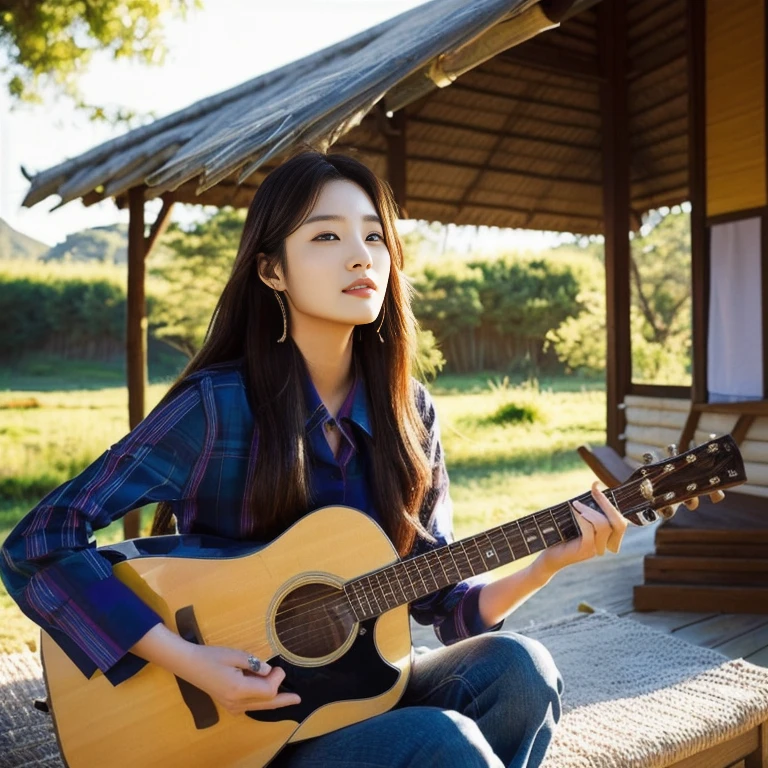 Araffi woman sitting in front of a hut with a guitar, Jae Yeon Nam, Tzuyu from two times, Korean girl, Chinese girl, Jinyoung Shin, Roseanne Park of blackpink, Korean idol, girl playing guitar, gongbi, portrait of female Korean idol, beautiful south korean women, singer-songwriter, Korean artist, Xindong Chen, Wen Feiye