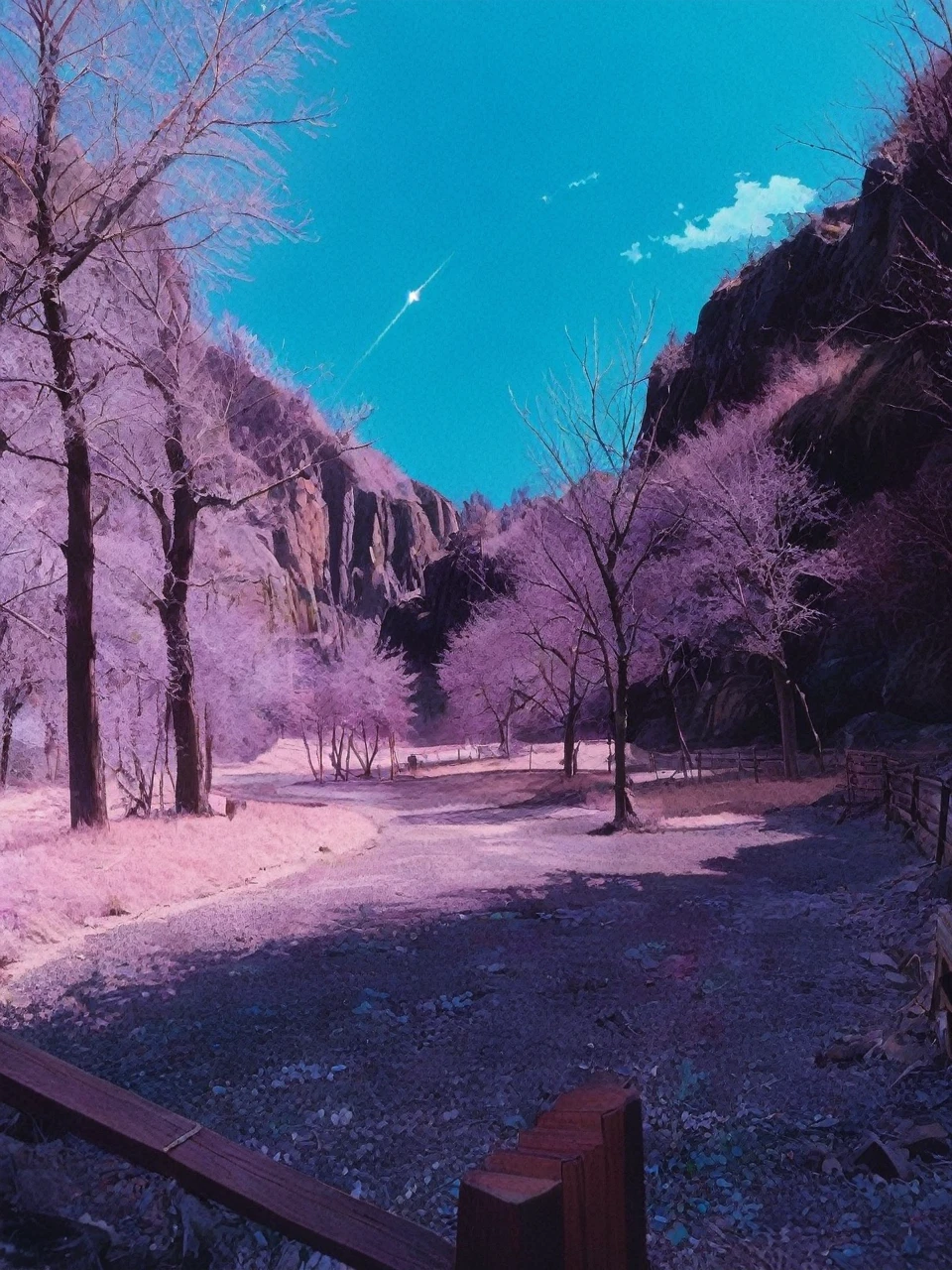 Retro 1980s vintage anime scene of a magical valley, VHS quality 