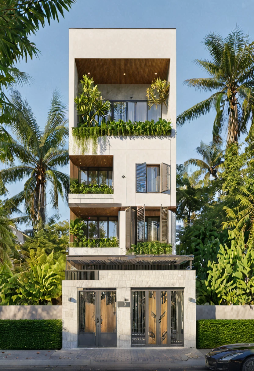 A luxurious and intricately detailed three-story neo-classical villa exterior scene, showcasing opulence. The art form chosen for this depiction is photography, captured with a 50mm lens. The esteemed photographer Ansel Adams serves as the source of inspiration. The villa stands amidst lush gardens, its ornate architecture emphasized by the play of shadows and sunlight. The color temperature is warm, enhancing the golden accents of the villa's design. The atmosphere exudes elegance, while the subjects exhibit serene expressions. Soft, natural lighting envelops the scene, creating a timeless ambiance