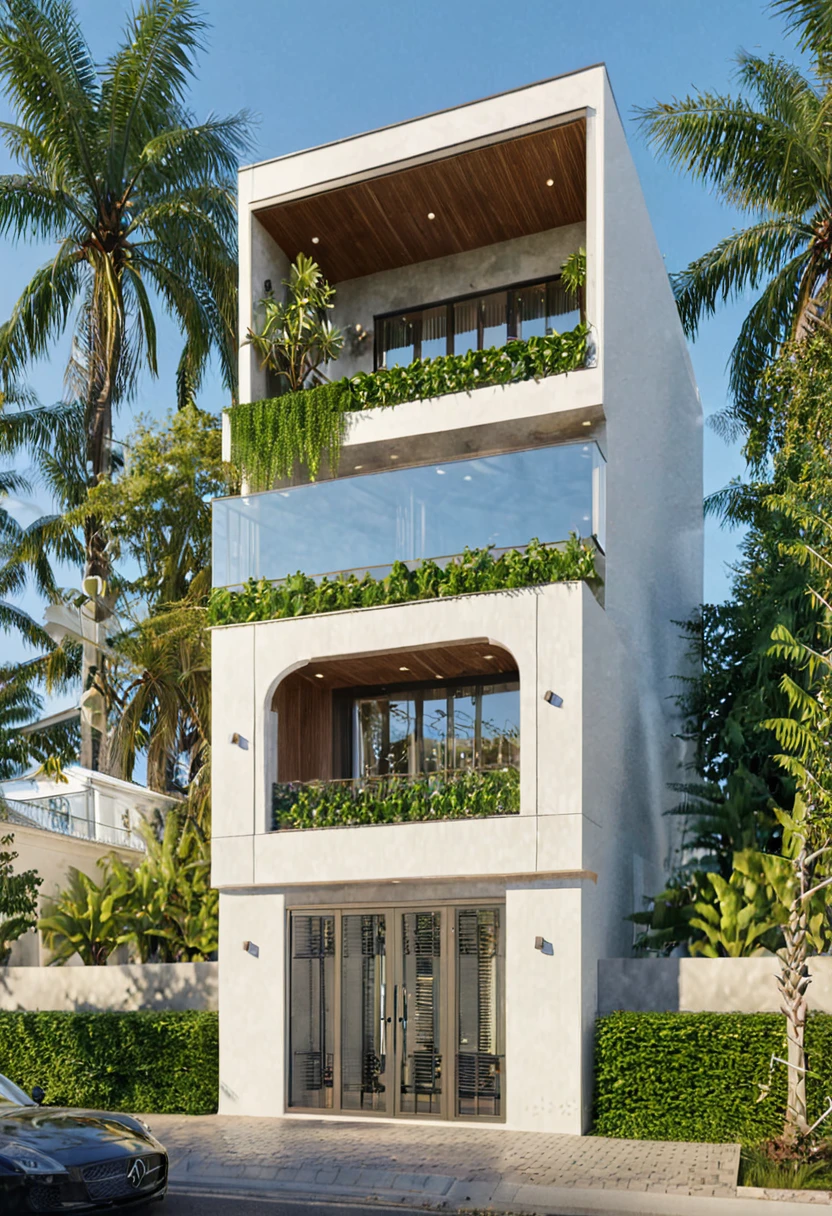 A luxurious and intricately detailed three-story neo-classical villa exterior scene, showcasing opulence. The art form chosen for this depiction is photography, captured with a 50mm lens. The esteemed photographer Ansel Adams serves as the source of inspiration. The villa stands amidst lush gardens, its ornate architecture emphasized by the play of shadows and sunlight. The color temperature is warm, enhancing the golden accents of the villa's design. The atmosphere exudes elegance, while the subjects exhibit serene expressions. Soft, natural lighting envelops the scene, creating a timeless ambiance