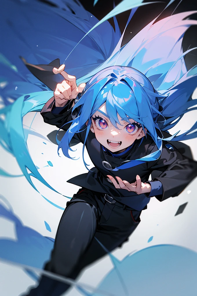 rimuru tempest,masterpiece,Quality k,A cute boy,Long Blue Hair,Red eyes,Blue eyelashes,Black long sleeve shirt,Black trousers,Fleece Collar,Blue Boots,Stand upright.,,Grin,Mouth open,Teeth are visible,real,