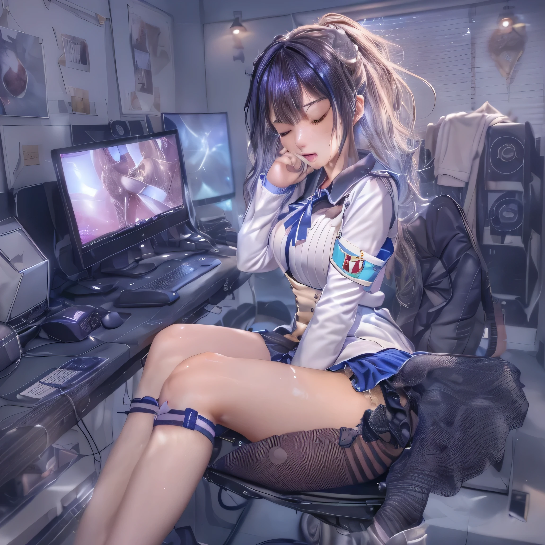 ?????? rub,Lize Helesta,gameroomconcept,PC Desk,Sitting in a gaming chair,Preste,Game Controller,Typing on the keyboard,vtuber,Game Now Streaming,A ladylike pink streaming room,lady bed,masterpiece, Highest quality, Beautiful and ????, ((From below)), (1 female), ((A Japanese girl with a beautiful face)),((alone)), Excellent costume design, Seductive pose, charm, (((Open your legs and raise your knees))), (real ?????), (8k Full Body RAW Photo), (Highly detailed skin: 1.2), ((Oily skin)), Captivating look, Highly detailed face, ((Black Hair)),fine grain, ((Sweaty body)), Inside the room,1 Girl,Open your mouth,(((Big ???))),(((Very muscular and thick thighs Veins,))),Thigh gap,(((Narrow waist))),(Realistic:1.0),Front view,1girl,lh1, ,White lace panties、(((Hairy ?????))),Black pubic hair,Open ?????,Open ?????,((Big exposed ????????)),Viscous ?????????? is dripping,Hair Ornament Net、Black Hairロングヘア、Long sleeve、Pleated skirt、(Blue silk thigh-high socks)、((Armband))、Navy blue pleated mini skirt、((White jacket, cotton material))、(??????????? shirt)、Navy Blue Skirt、(Metallic black thigh straps),((Front view)),Focused on PC gaming,Crying face,tears,Saliva１,close your eyes,Open your mouth,Grit your teeth,Constricted eyes１，close your eyes、