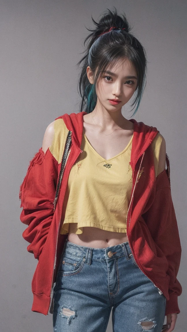 21yo, girl, green blue hair, standing and holding a red and black samurai behind her. She is wearing a yellow cropped hoodie, blue jeans with frayed hems, and black sneakers. Her hair is styled in a high ponytail with bangs framing her face. She has a cheerful expression and stands against a plain light gray background.