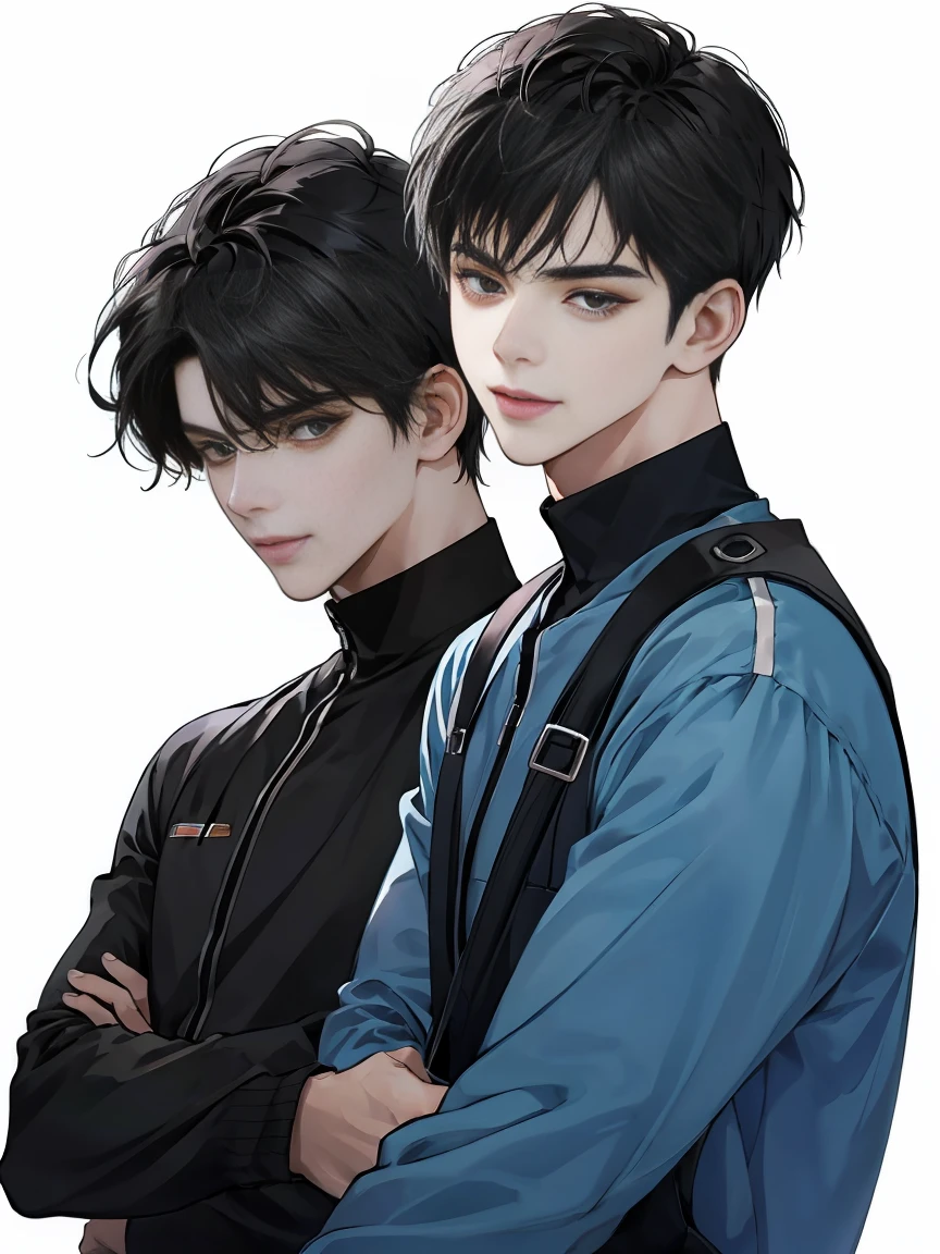 modern, under a clear blue sky, anime style, chiaroscuro, UHD, masterpiece, anatomically correct, textured skin, high details, super detail, best quality, (extreamly delicate and beautiful:1.2), 8K, (tmasterpiece, best:1.0), ((A boy with very short black hair)), short black Quiff hair with Soft Fringe, bangs part on side 5:5 ratio, wearing a loose black sleeve, thin, (sports style), displaying a sly smile, Korean illustration style.