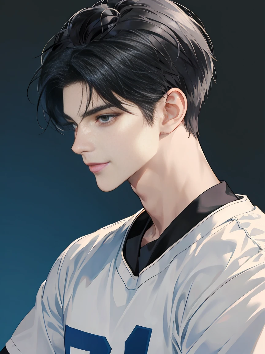 modern, under a clear blue sky, anime style, chiaroscuro, UHD, masterpiece, anatomically correct, textured skin, high details, super detail, best quality, (extreamly delicate and beautiful:1.2), 8K, (tmasterpiece, best:1.0), ((A boy with very short black hair)), short black Quiff hair with Soft Fringe, bangs part on side 5:5 ratio, wearing a loose black sleeve, thin, (sports style), displaying a sly smile, Korean illustration style.