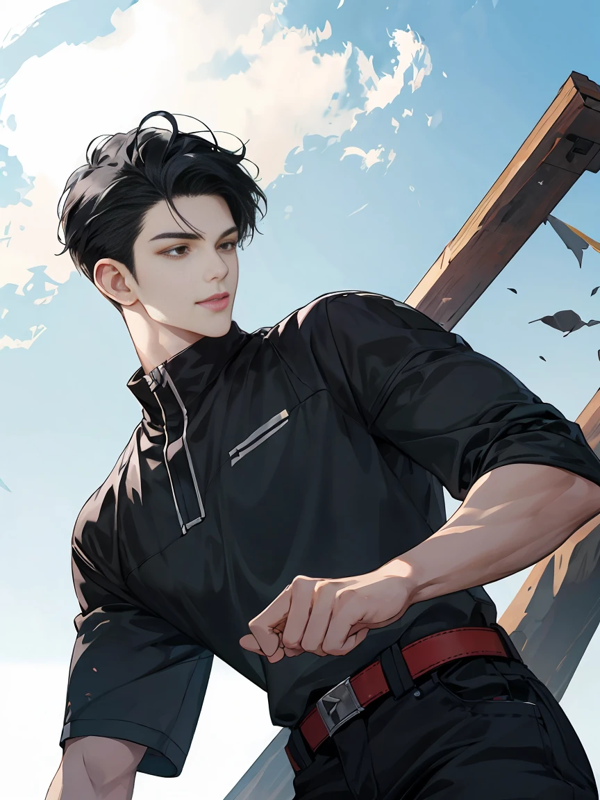 modern, under a clear blue sky, anime style, chiaroscuro, UHD, masterpiece, anatomically correct, textured skin, high details, super detail, best quality, (extreamly delicate and beautiful:1.2), 8K, (tmasterpiece, best:1.0), ((A boy with very short black hair)), short black Quiff hair with Soft Fringe, bangs part on side 5:5 ratio, wearing a loose black sleeve, thin, (sports style), displaying a sly smile, Korean illustration style.