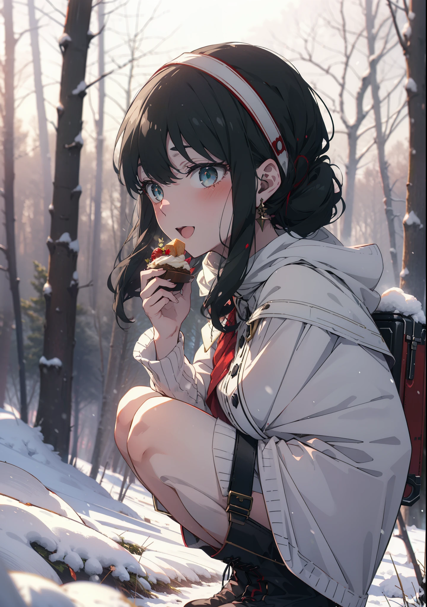 Your thorns, One Girl, blush, Black Hair,Red eyes, hair band, jewelry, Earrings, happy smile, smile, Open your mouth,
Open your mouth,snow,Ground bonfire, Outdoor, boots, snowing, From the side, wood, suitcase, Cape, Blurred, Eat food, forest, White handbag, nature,  Squat, Mouth closed, フードed Cape, winter, Written boundary depth, Black shoes, red Cape break looking at viewer, Upper Body, whole body, break Outdoor, forest, nature, break (masterpiece:1.2), Highest quality, High resolution, unity 8k wallpaper, (shape:0.8), (Beautiful and beautiful eyes:1.6), Highly detailed face, Perfect lighting, Highly detailed CG, (Perfect hands, Perfect ???????),