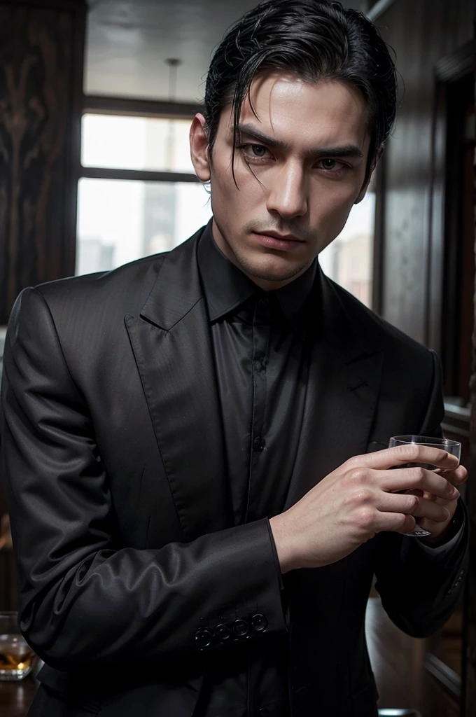 man, tall and fit, as mafia boss, with a glass of whiskey in one hand, in completely black suit, with short black hair, while sexy modeling, in different positions.