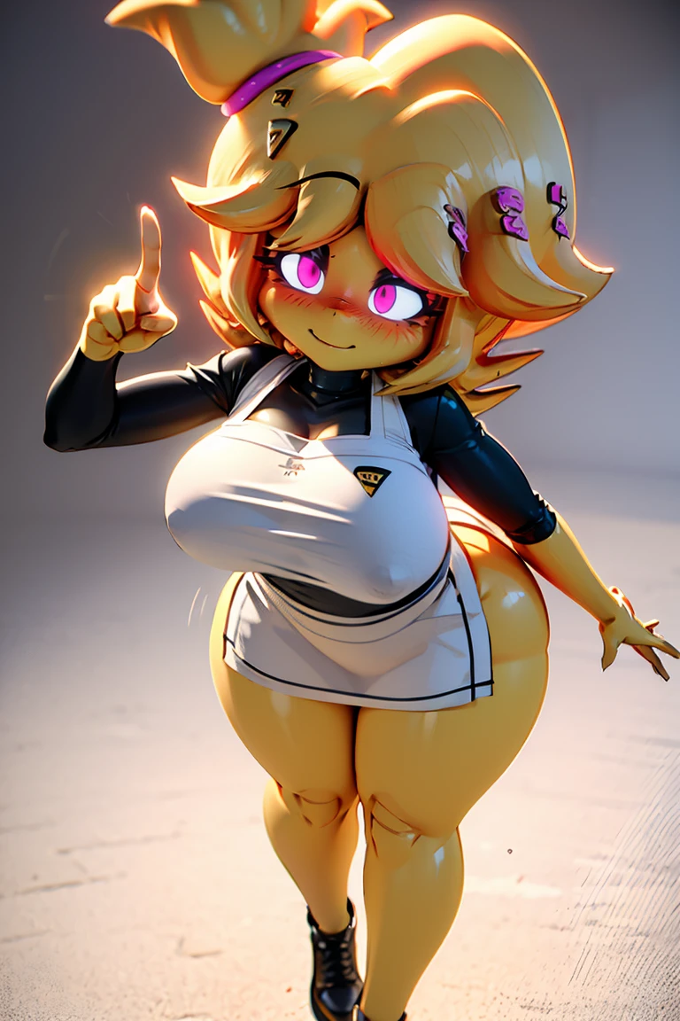 (master piece: 1.1), (chiku), wearing long tabard apron end in the ????, aultra-detailed, 2d style, ????, woman, yellow skin, yellow hair, ???? legs, big thick, big ??????, thick thighs, pink eyes, blushing, dynamic Pose, dynamic angle, lazy eyes, smiling, full body view, eyes at the viewer, pointing at the viewers, white background