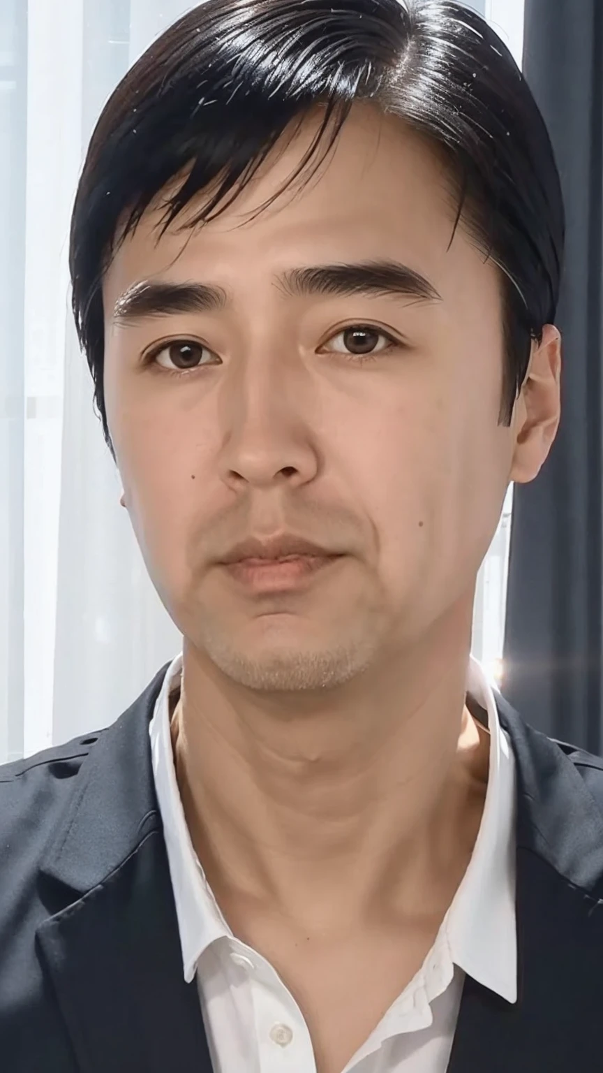 40-year-old male, Soft headlight,High-density imaging,(Clean and delicate face),(Thin face),((Black suit)),((Various dynamic poses)),((White curtains in the background)),best quality,masterpiece,(Soft colors:1.2)