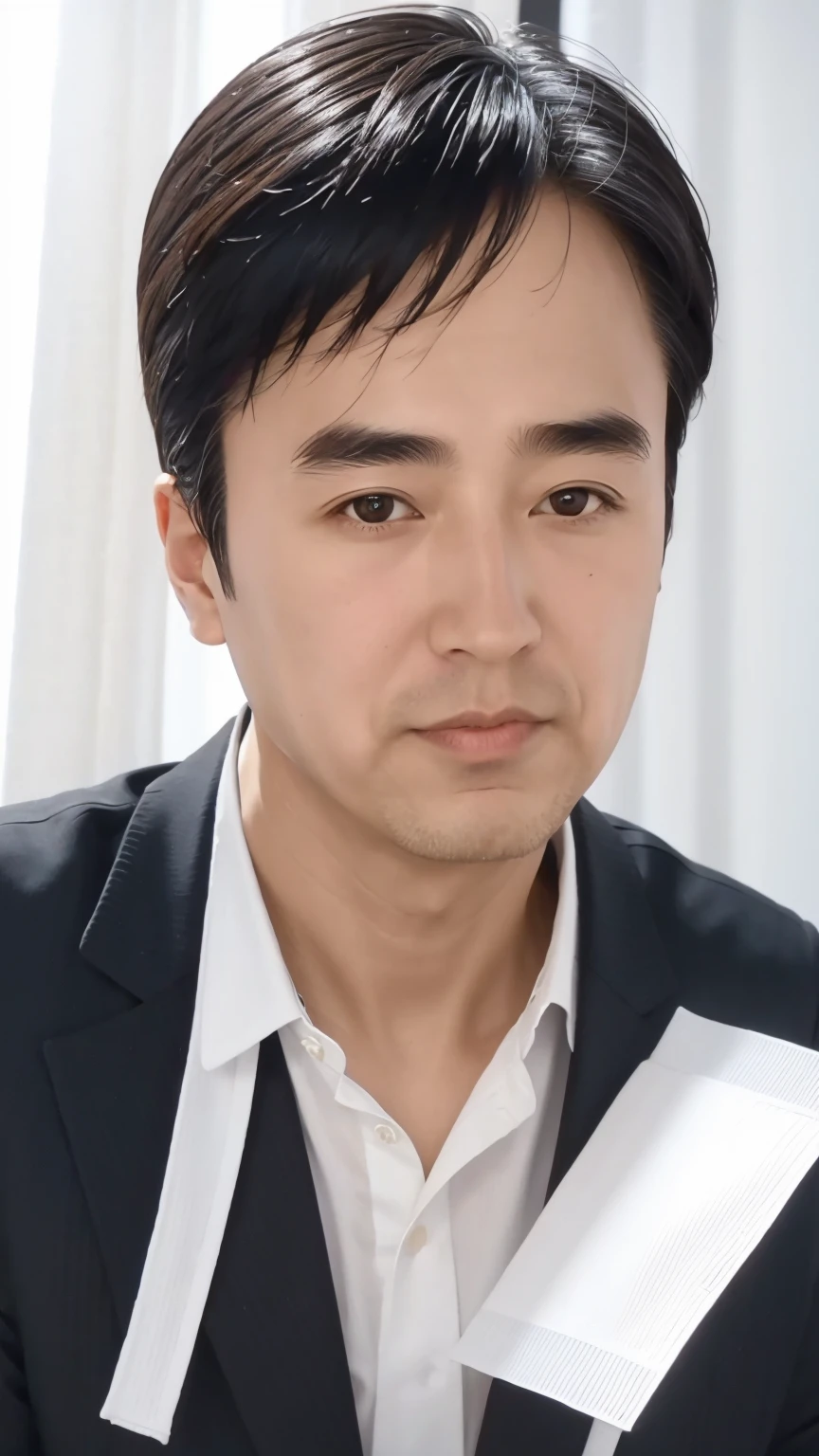 40-year-old male, Soft headlight,High-density imaging,(Clean and delicate face),(Thin face),((Black suit)),((Various dynamic poses)),((White curtains in the background)),best quality,masterpiece,(Soft colors:1.2)