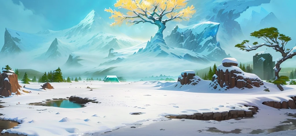 there is a cartoon scene of a snowy mountain with a tree, icey tundra background, background art, painted as a game concept art, snowy plains, stylized concept art, background artwork, scenery game concept art, arena background, winter concept art, avatar landscape, snow wasteland, concept art. epic landscape, pristine concept art, island background, game background