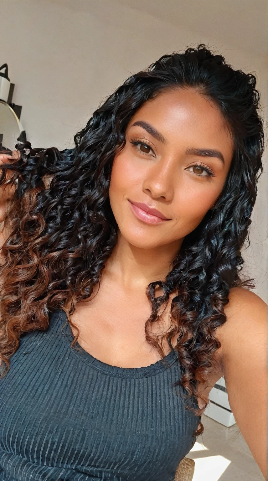 there is a woman with encaracolado hair posing for a picture, Mulher de 30 anos de Cuba, encaracolado haired, with long encaracolado hair, long wild black encaracolado hair, encaracolado, black encaracolado hair, encaracolado dark hair, long black encaracolado hair, long dark encaracolado hair, encaracolado hair, com pele morena, black long encaracolado hair, brown encaracolado hair