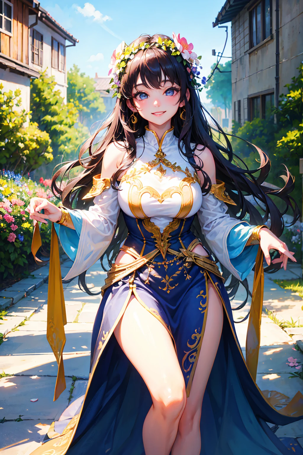 Photorealistic、Highest quality、Highest Resolution、Highest quality、８Ｋ、1人のBeautiful woman、Beautiful woman、Beautiful woman、Delicate face、smile、Smile、looks fun、Upscaling、Beautiful background、flower、
