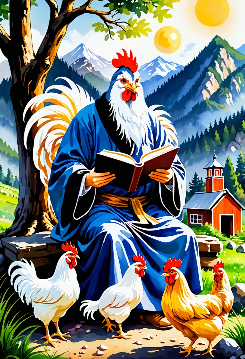 World masterpiece level paintings, warm, fantasy, cute, egg, modern style, watercolor style, dyeing, 8K, ultra-fine, ultra-realistic, masterpiece, the best quality, fine face, fine facial features,
Deep in the mountains, an old and kind old chicken with half-white fur is sitting in front of a big tree with four chickens surrounding a flower that emits a mysterious atmosphere. The wise man is holding a book in his hand, and the chickens Conversations and discussions with elders. Talking and holding a book